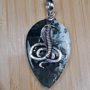 925 Silver Plated Moss Agate Crystal Ethnic Snake Pendant, 2.6"
